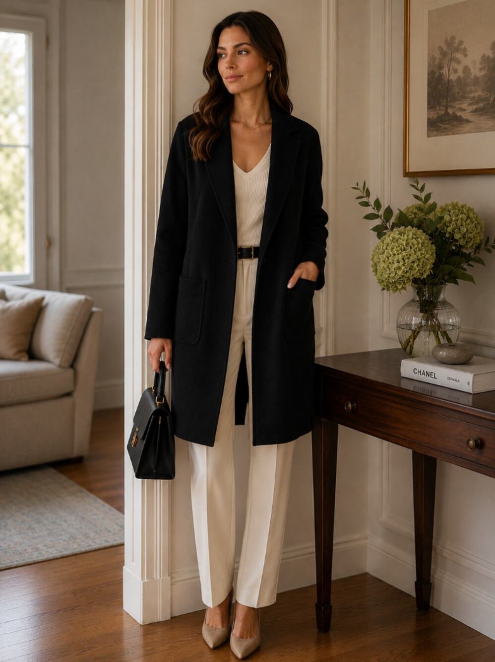 EILEEN FISHER Shawl Collar Coat Wool Cashmere Black Sz Large Petite $548